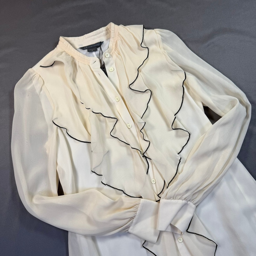 Armani Exchange Ruffle Silk Dress Womens‎ P0 Cream Black Trim Cocktail Party